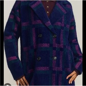 NVLT Women Blue Pink Plaid Fuzzy Double Breasted Mid Length Coat Y1112NVL Small
